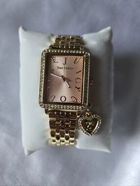 Juicy Couture Pink Sunray Dial Gold-Tone Bracelet Watch with Heart Charm
